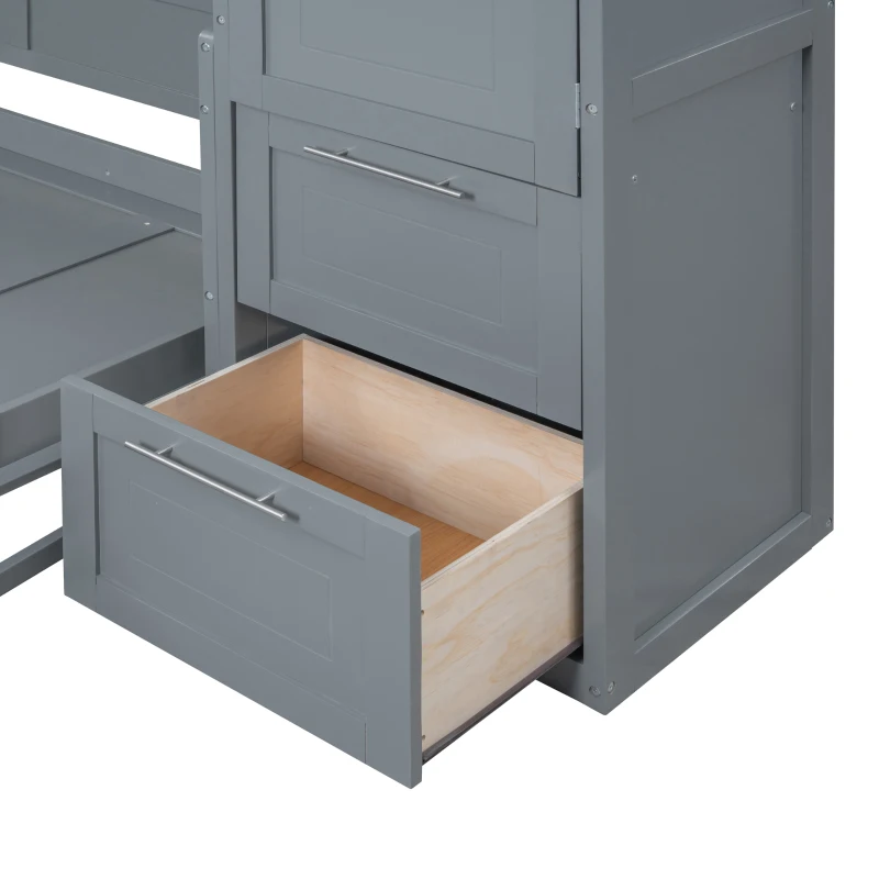 Full Size Murphy Bed with Closet and Drawers, Space-Saving Design and Integrated Storage, 107.5" L x 58" W x 72" H, Grey