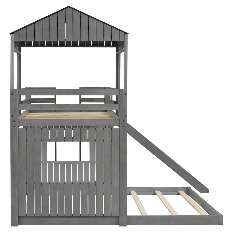 Wooden Twin Over Full Bunk Bed with Playhouse, Farmhouse Style Loft Bed with Ladder, Guardrails, 82" L x 89" W x 82.5" H, Antique Grey
