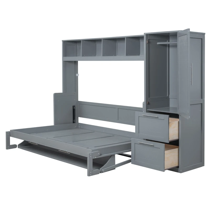 Full Size Murphy Bed with Closet and Drawers, Space-Saving Design and Integrated Storage, 107.5" L x 58" W x 72" H, Grey