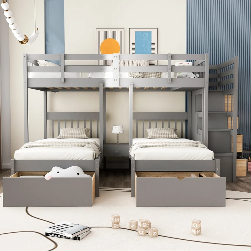 Space-Saving Full Over Twin Bed with Drawers and Guardrails, Twin Triple Bunk Bed with Pine Wood Frame, 115" L x 76" W x 64.5" H, Grey