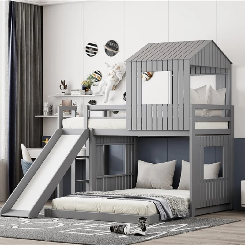 Wooden Twin Over Full Bunk Bed with Playhouse, Farmhouse Loft Bed with Ladder, Slide and Guardrails, 82" L x 89" W x 82.5" H, Grey