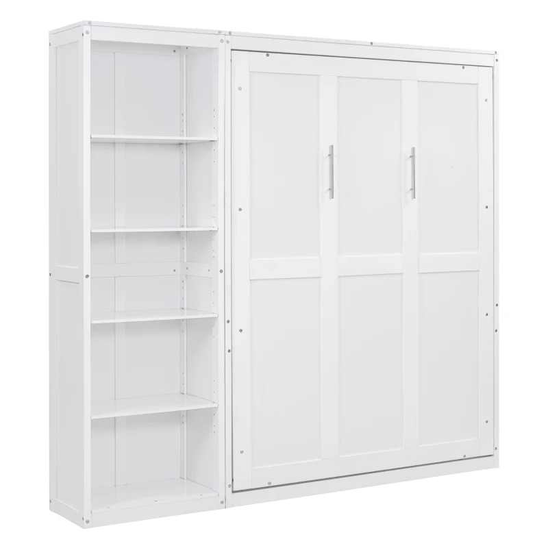 Full Size Murphy Bed with Dual Piston Mechanism, Storage Shelves, Space-Saving Wall Bed with Flexible Slats, 87.5" L x 16" W x 84" H, White