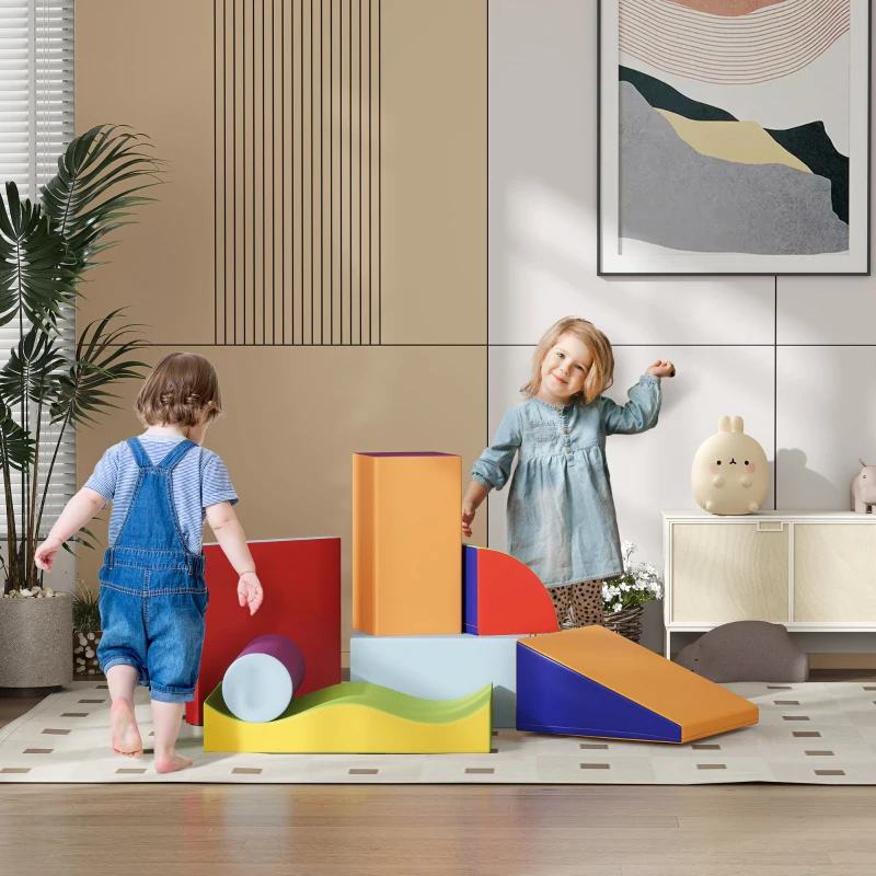Soozier 7 Pieces Soft Play Foam Climbing Blocks, Indoor Modular Kids Play Toys for Climbing, Crawling, Sliding, Dark Colour