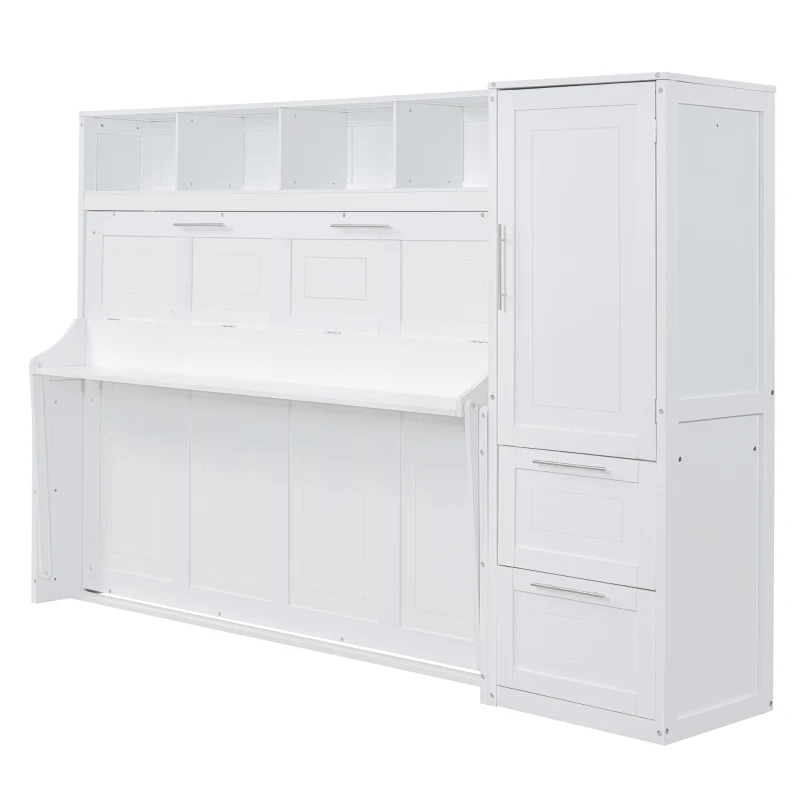 Queen Size Murphy Bed with Side Flip, Closet and Drawers, Space-saving Wall Bed with Integrated Storage, 112" L x 21.5" W x 78.5" H, White