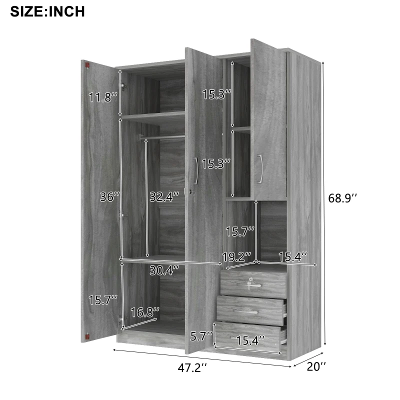 2-Door Wooden Wardrobe with Shelves and 3 Drawers, Built-in Hanging Rod, Safe and Stable Design, 47" L x 20" W x 69" H, Grey