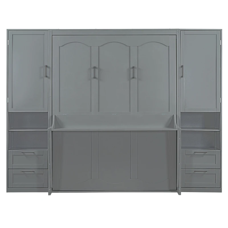Modern Queen Size Murphy Bed with Closet, Drawers and Shelves, Space-saving Wall Bed with Integrated Storage, 114" L x 17" W x 87" H, Grey