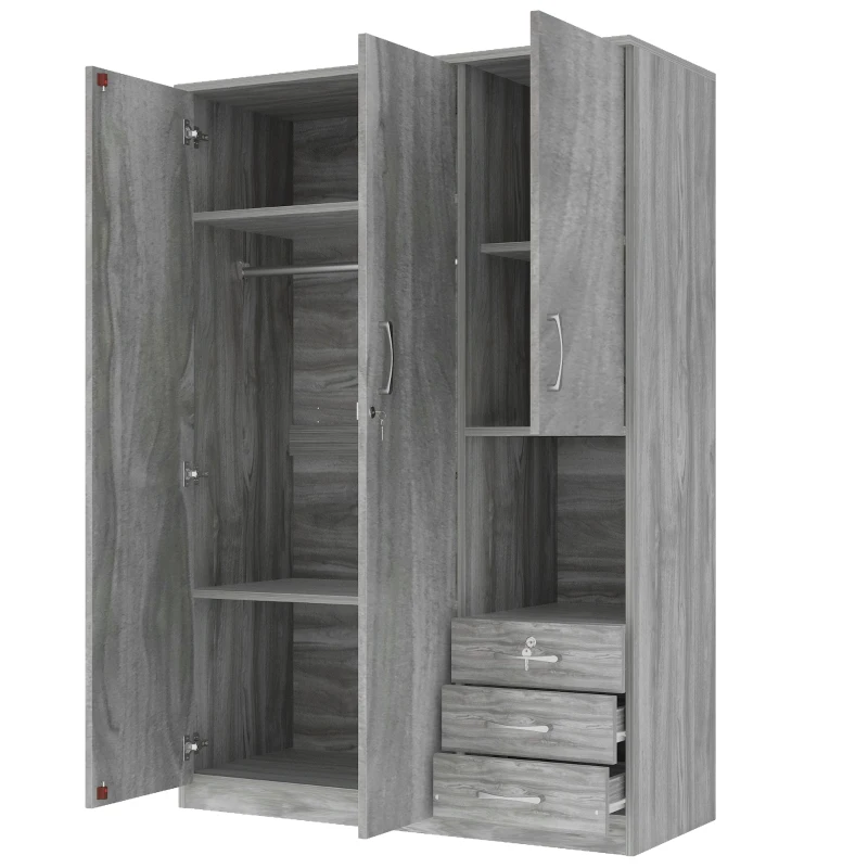 2-Door Wooden Wardrobe with Shelves and 3 Drawers, Built-in Hanging Rod, Safe and Stable Design, 47" L x 20" W x 69" H, Grey
