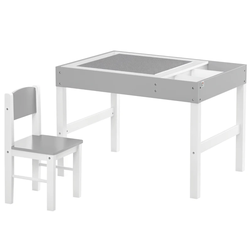 Qaba Lego Table with Storage for Kids, Multi-Usage Kids Table and Chair Set with Building Blocks Desktop, Grey