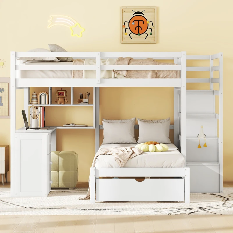 Full Over Twin Bunk Bed with Desk, Drawers and Shelves, Integrated Study Space, Space-Saving Design, 98" L x 80" W x 64.5" H, White