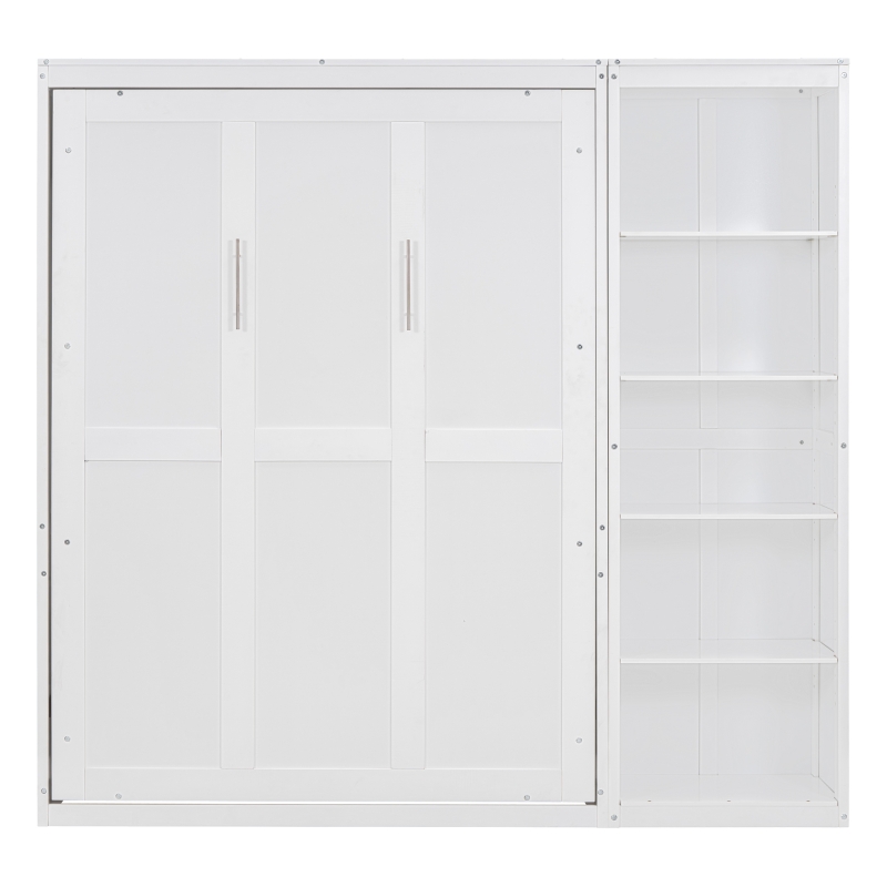 Full Size Murphy Bed with Dual Piston Mechanism, Storage Shelves, Space-Saving Wall Bed with Flexible Slats, 87.5" L x 16" W x 84" H, White