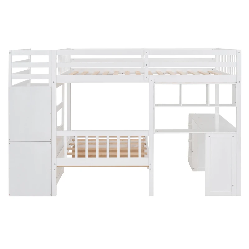 Full Over Twin Bunk Bed with Desk, Drawers and Shelves, Integrated Study Space, Space-Saving Design, 98" L x 80" W x 64.5" H, White