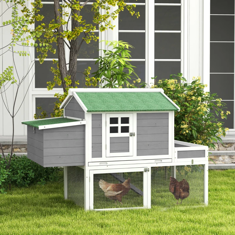 PawHut Wooden Chicken Coop for Outdoor Backyard with Raised Garden Bed, Run Area, Nesting Box Removable Tray, Gray