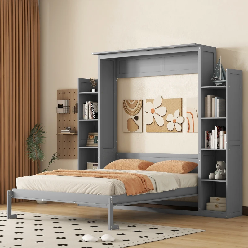 Queen Size Murphy Bed with Shelves and LED Lights, Space-Saving Wall Bed with Flexible Slats, 97.5" L x 84.5" W x 88.5" H, Grey