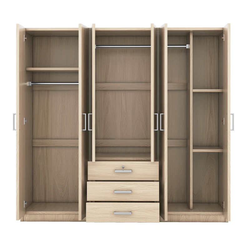 6-Door Wooden Wardrobe with 3 Drawers, MDF Construction, Silver Handles, Space-Saving Bedroom Storage, 71" L x 19" W x 68" H, Natural