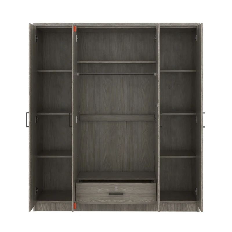 4-Door Wardrobe with Hanging Rail, Locking Drawer, Black Handles, MDF Construction, Ideal for Small Bedrooms, 59" L x 20" W x 68" H, Grey