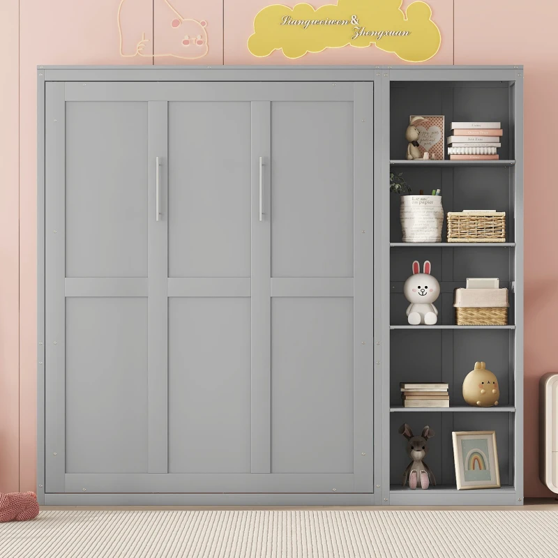 Full Size Murphy Bed with Shelves, Dual Piston Mechanism, Space-Saving Wall Bed with Flexible Slats, 87.5" L x 16" W x 84" H, Grey