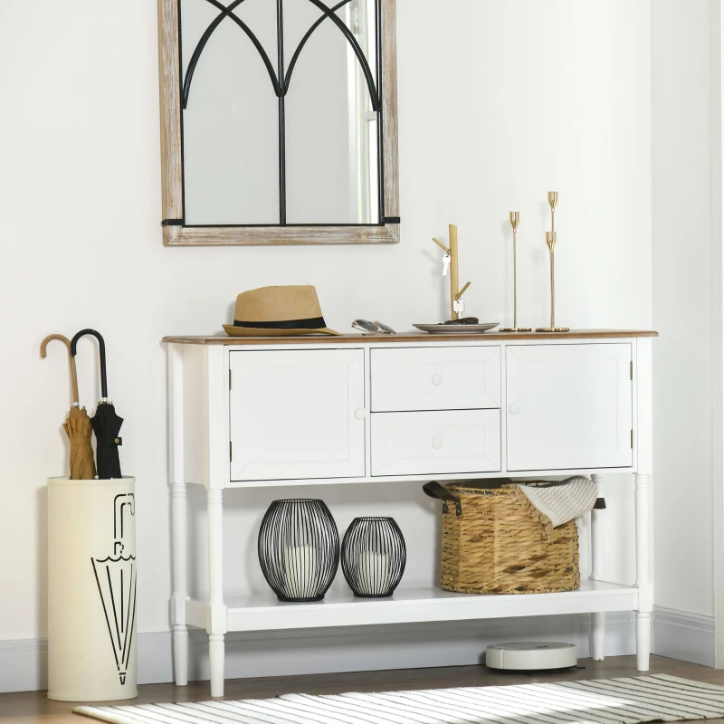 HOMCOM Vintage Console Table with 2 Drawers and Cabinets, Retro Sofa Table for Entryway, Living Room and Bedroom, White