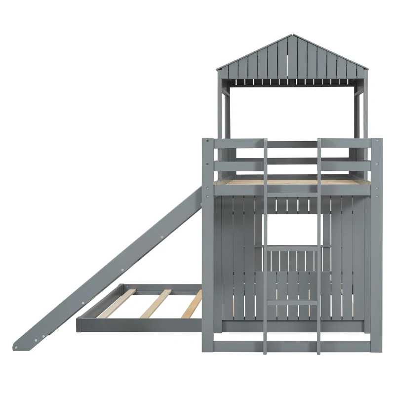 Wooden Twin Over Full Bunk Bed with Playhouse, Farmhouse Loft Bed with Ladder, Slide and Guardrails, 82" L x 89" W x 82.5" H, Grey
