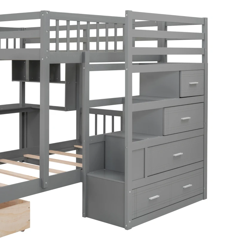 Full Over Twin Bunk Bed with Study Desk, Drawers and Shelves, Space-Saving Design, Ideal for Kids' Room, 98" L x 80" W x 64.5" H, Grey