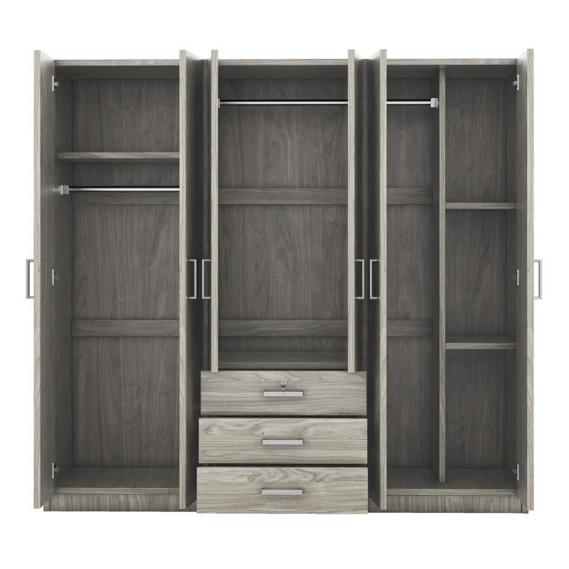 6-Door Wooden Wardrobe with 3 Drawers, MDF Construction, Compact Design, Space-Saving Bedroom Storage, 71" L x 19" W x 68" H, Grey