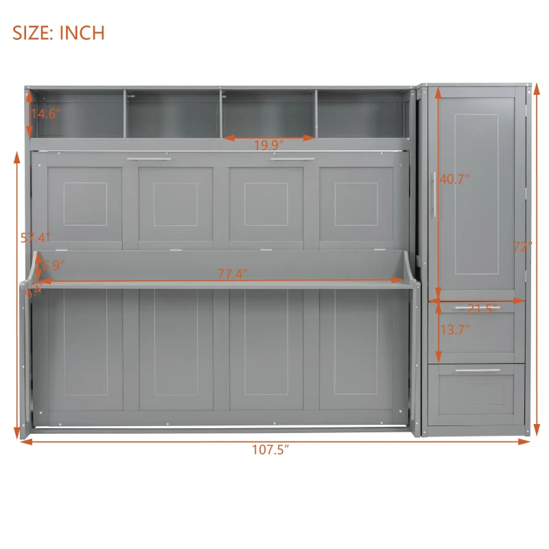 Full Size Murphy Bed with Closet and Drawers, Space-Saving Design and Integrated Storage, 107.5" L x 58" W x 72" H, Grey