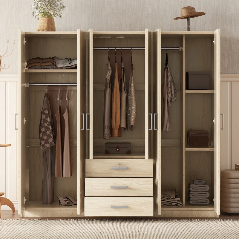 6-Door Wooden Wardrobe with 3 Drawers, MDF Construction, Silver Handles, Space-Saving Bedroom Storage, 71" L x 19" W x 68" H, Natural