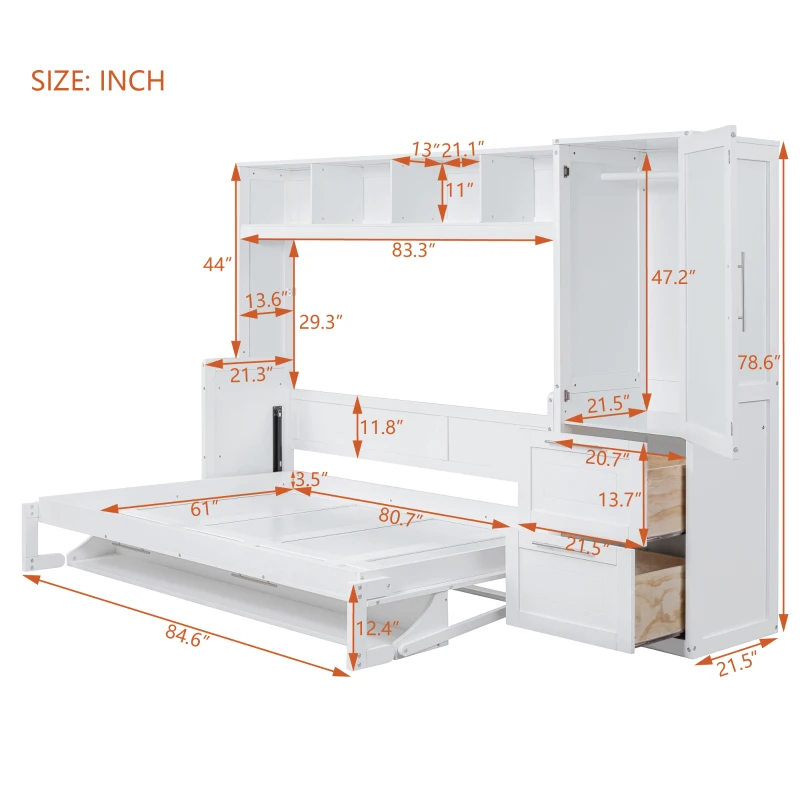 Queen Size Murphy Bed with Side Flip, Closet and Drawers, Space-saving Wall Bed with Integrated Storage, 112" L x 21.5" W x 78.5" H, White