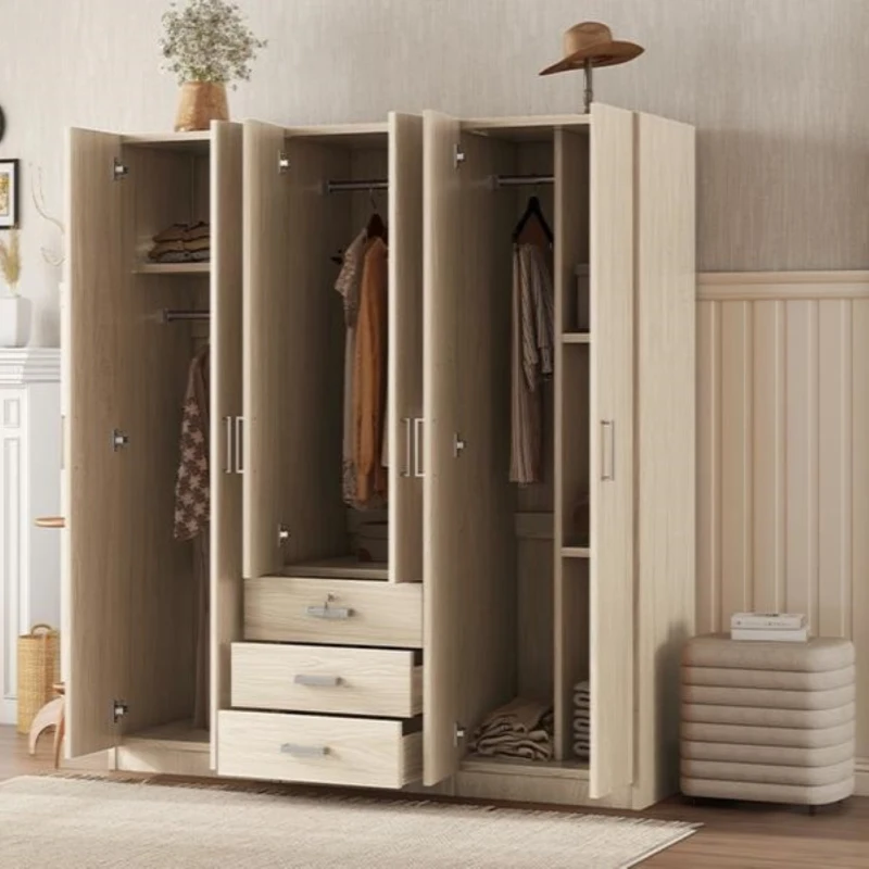 6-Door Wooden Wardrobe with 3 Drawers, MDF Construction, Silver Handles, Space-Saving Bedroom Storage, 71" L x 19" W x 68" H, Natural