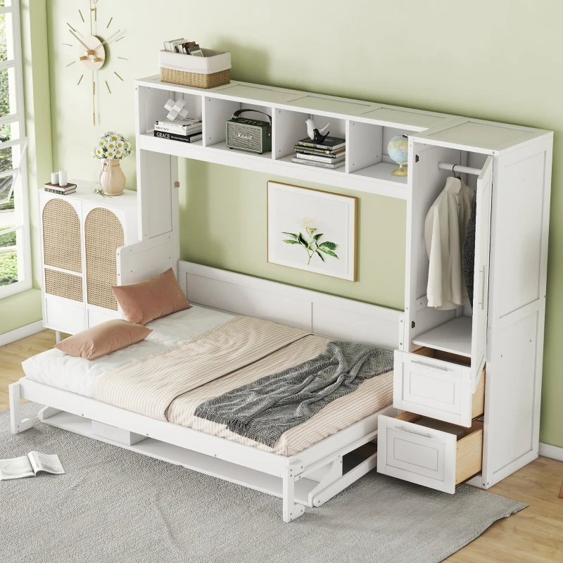 Full Size Murphy Bed with Closet and Drawers, Space-saving Design and Integrated Storage, 107.5" L x 58" W x 72" H, White