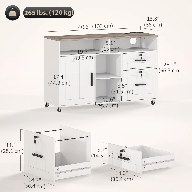 HOMCOM Mobile Printer Stand with Charging Station and USB Ports, Locking Filing Cabinet for A4 and Letter Size, White