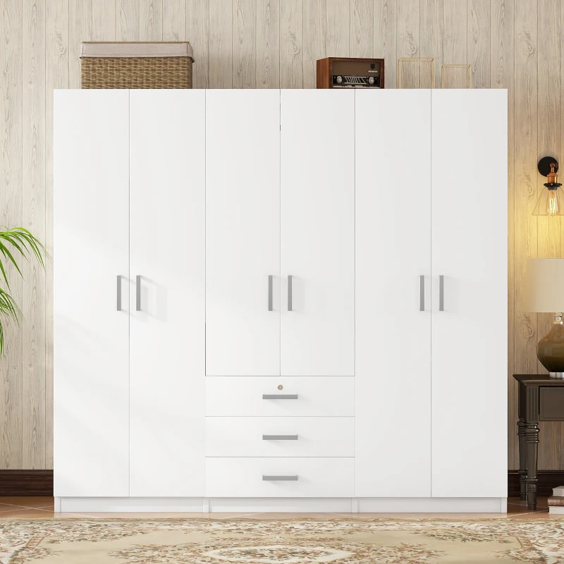 6-Door Wooden Wardrobe with 3 Large Drawers, Silver Handles, MDF Construction, Ideal for Bedroom Storage, 71" L x 19" W x 68" H, White