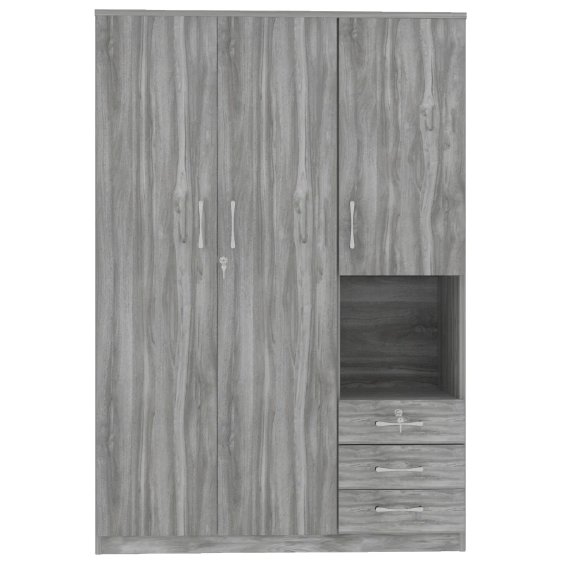 2-Door Wooden Wardrobe with Shelves and 3 Drawers, Built-in Hanging Rod, Safe and Stable Design, 47" L x 20" W x 69" H, Grey