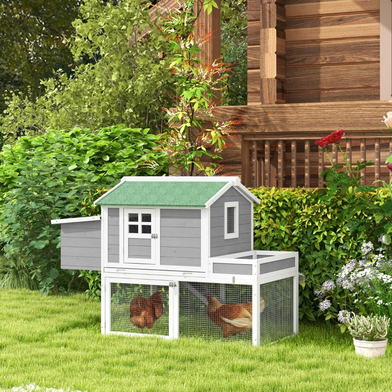PawHut Wooden Chicken Coop for Outdoor Backyard with Raised Garden Bed, Run Area, Nesting Box Removable Tray, Gray