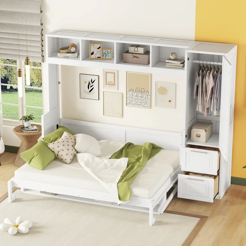 Queen Size Murphy Bed with Side Flip, Closet and Drawers, Space-saving Wall Bed with Integrated Storage, 112" L x 21.5" W x 78.5" H, White