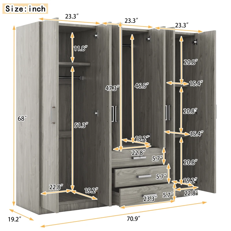 6-Door Wooden Wardrobe with 3 Drawers, MDF Construction, Compact Design, Space-Saving Bedroom Storage, 71" L x 19" W x 68" H, Grey