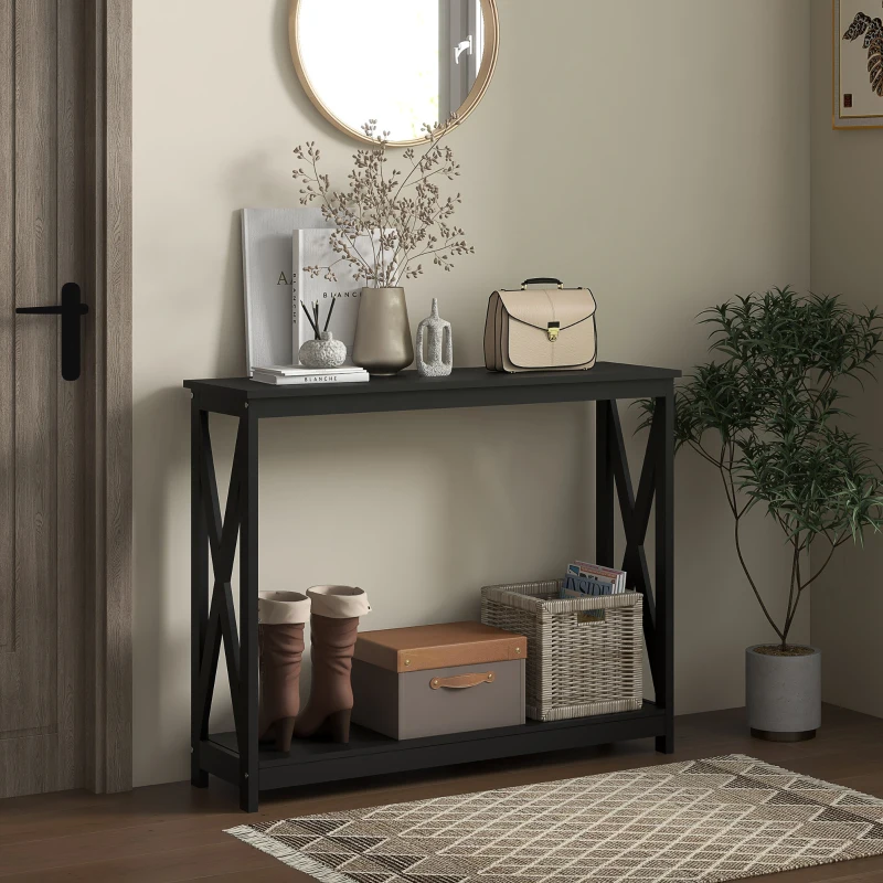 HOMCOM Console Table, 2 Tier Entryway Table with Bottom Shelf for Living Room, Hallway, Black