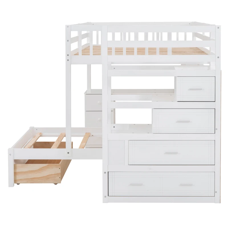 Full Over Twin Bunk Bed with Desk, Drawers and Shelves, Integrated Study Space, Space-Saving Design, 98" L x 80" W x 64.5" H, White