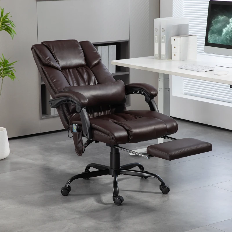 Vinsetto 6-Point Vibration Massage Chair, Height Adjustable Reclining Computer Chair with Retractable Footrest, Brown