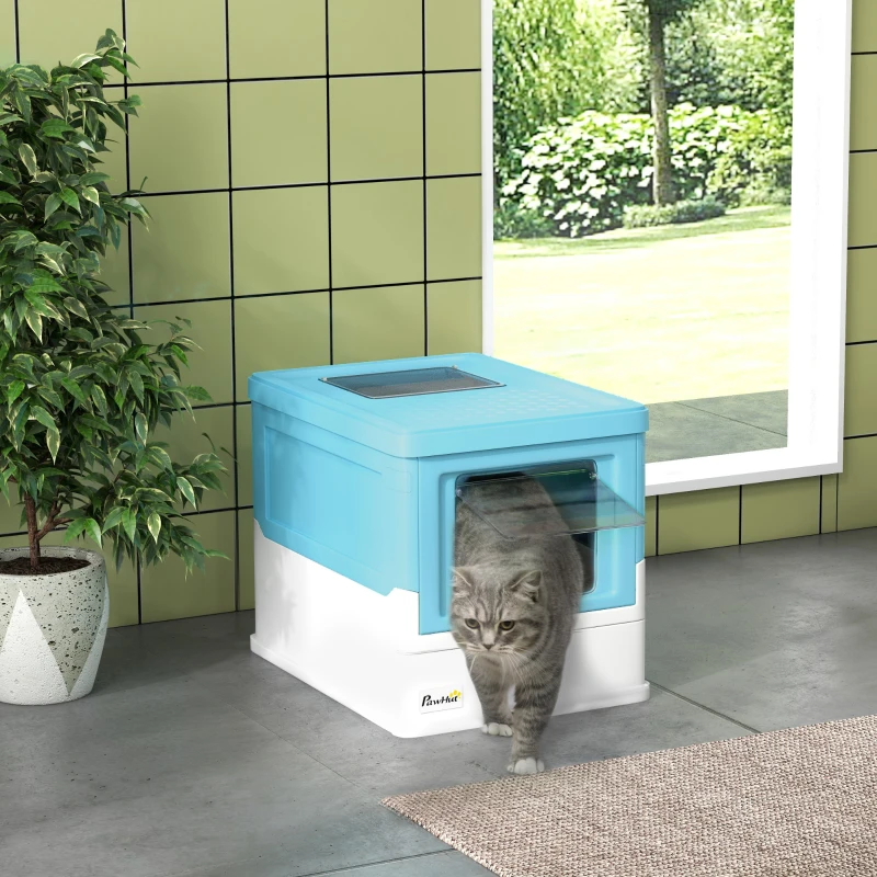 PawHut Top Entry Enclosed Kitty Litter Box with Scoop, Tray, Front Entry, Large Space, Foldable, Portable, Blue