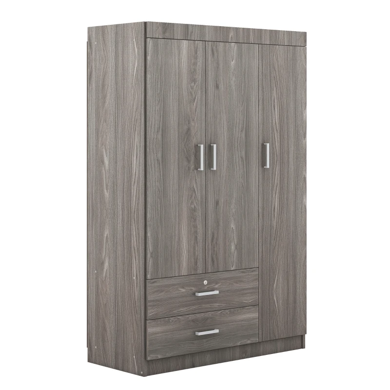 3-Door Wardrobe with 2 Drawers and MDF Construction, Modern Design with Hanging Rail and Shelves, 41.5" L x 18.5" W x 68" H, Grey