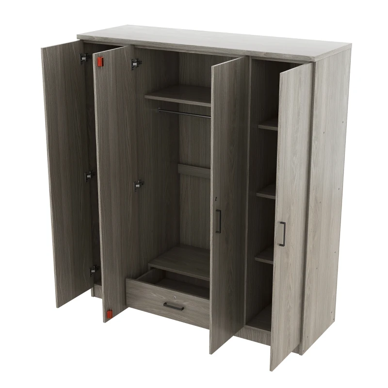 4-Door Wardrobe with Hanging Rail, Locking Drawer, Black Handles, MDF Construction, Ideal for Small Bedrooms, 59" L x 20" W x 68" H, Grey