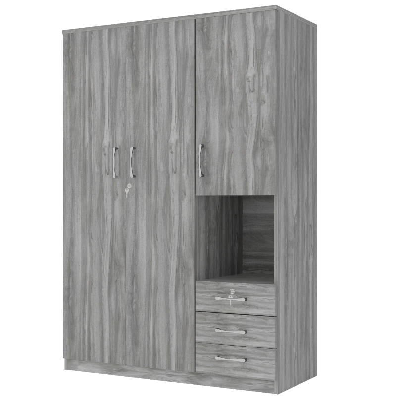 2-Door Wooden Wardrobe with Shelves and 3 Drawers, Built-in Hanging Rod, Safe and Stable Design, 47" L x 20" W x 69" H, Grey
