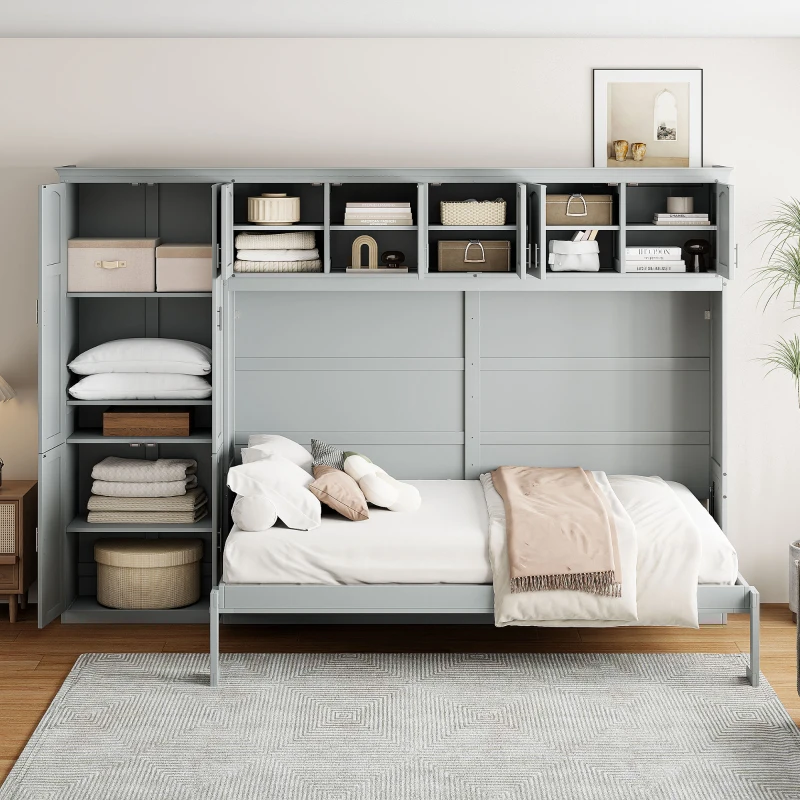 Queen Size Murphy Bed with Integrated Storage, Space-saving Wall Bed with Customizable Configuration, 117.5" L x 16" W x 88" H, Grey