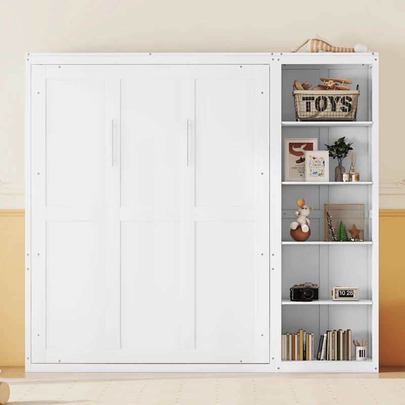 Full Size Murphy Bed with Dual Piston Mechanism, Storage Shelves, Space-Saving Wall Bed with Flexible Slats, 87.5" L x 16" W x 84" H, White