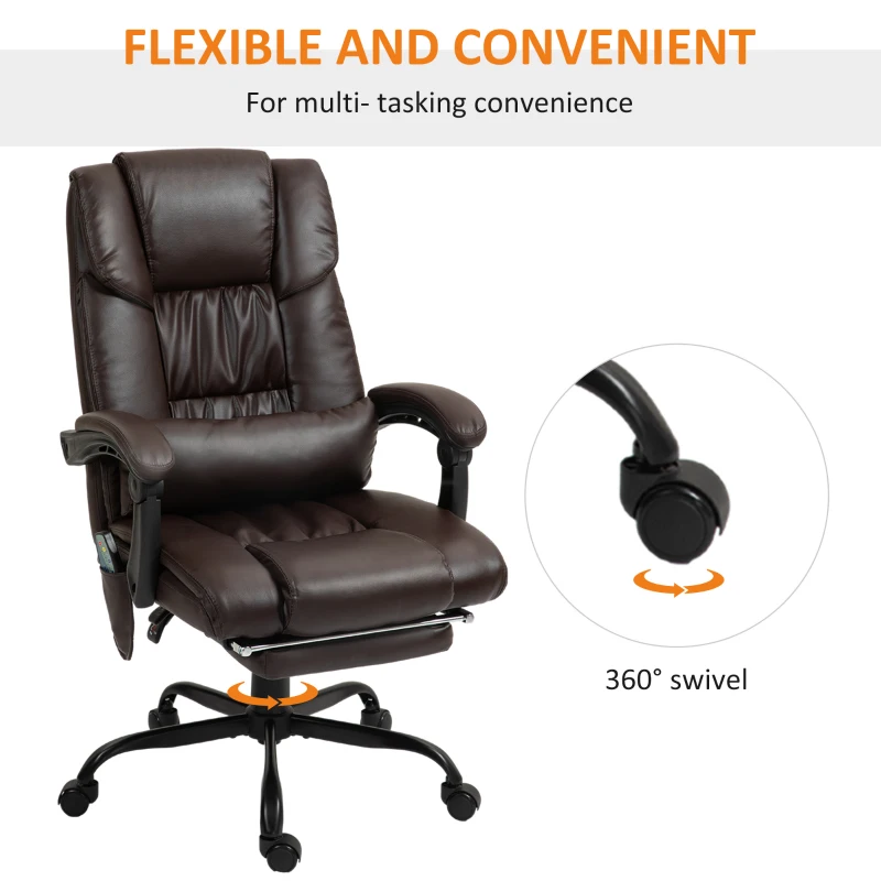 Vinsetto 6-Point Vibration Massage Chair, Height Adjustable Reclining Computer Chair with Retractable Footrest, Brown