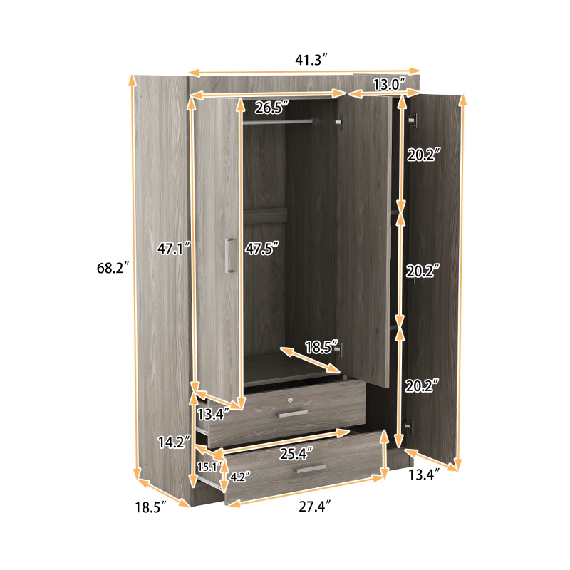 3-Door Wardrobe with 2 Drawers and MDF Construction, Modern Design with Hanging Rail and Shelves, 41.5" L x 18.5" W x 68" H, Grey