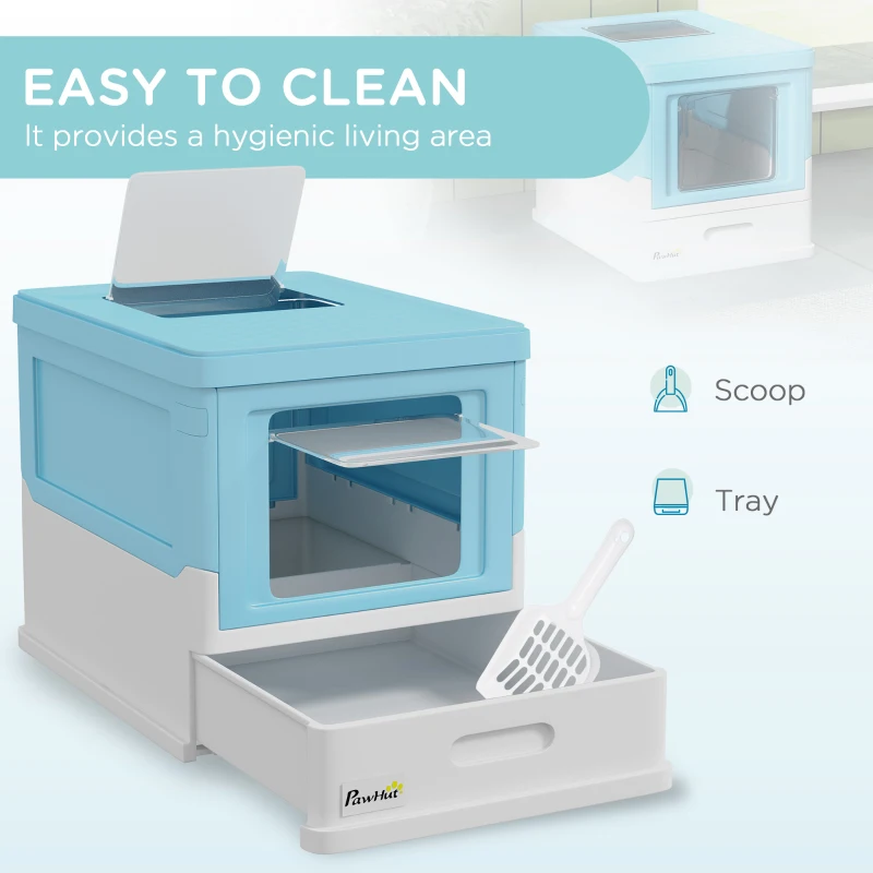 PawHut Top Entry Enclosed Kitty Litter Box with Scoop, Tray, Front Entry, Large Space, Foldable, Portable, Blue