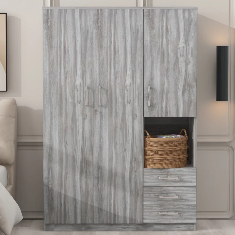 2-Door Wooden Wardrobe with Shelves and 3 Drawers, Built-in Hanging Rod, Safe and Stable Design, 47" L x 20" W x 69" H, Grey