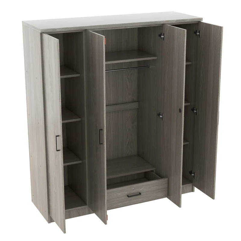 4-Door Wardrobe with Hanging Rail, Locking Drawer, Black Handles, MDF Construction, Ideal for Small Bedrooms, 59" L x 20" W x 68" H, Grey