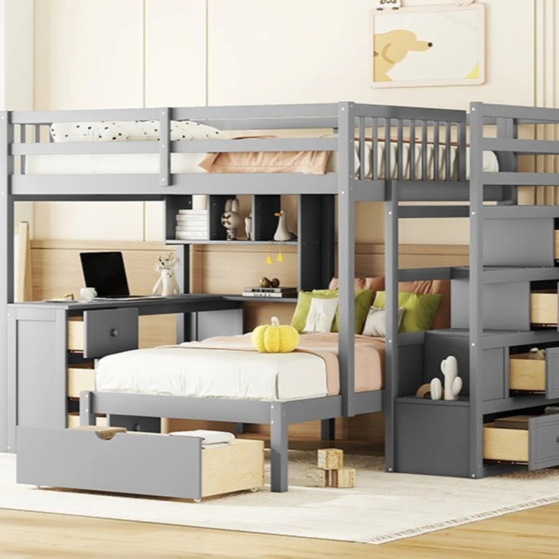 Full Over Twin Bunk Bed with Study Desk, Drawers and Shelves, Space-Saving Design, Ideal for Kids' Room, 98" L x 80" W x 64.5" H, Grey